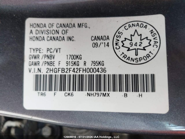 Honda Civic 2015 2HGFB2F42FH000436 Image 18