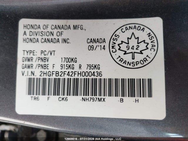 Honda Civic 2015 2HGFB2F42FH000436 Image 9