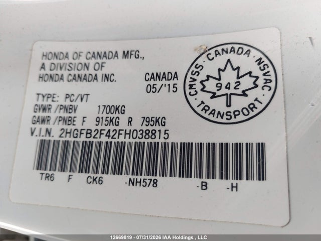 Honda Civic Lx 2015 2HGFB2F42FH038815 Image 19