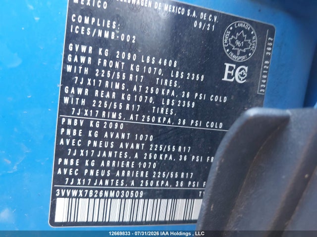 12669833 :رقم المزاد ، 3VVWX7B26NM030509 vin ، 2022 Volkswagen Taos Comfortline مزاد بيع
