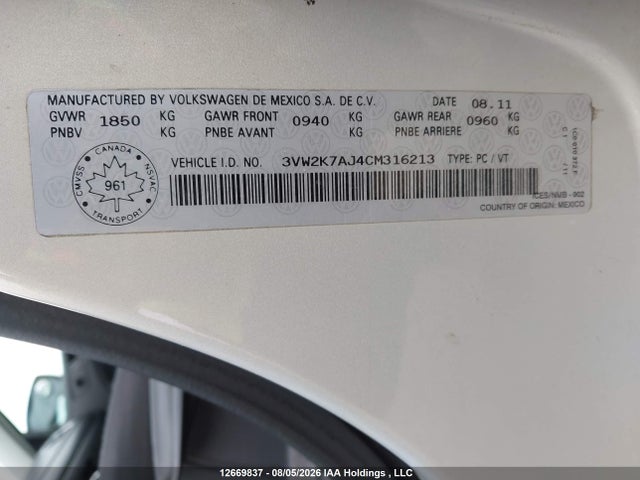 2012 Volkswagen Jetta S მანქანა იყიდება აუქციონზე, vin: 3VW2K7AJ4CM316213, აუქციონის ნომერი: 12669837