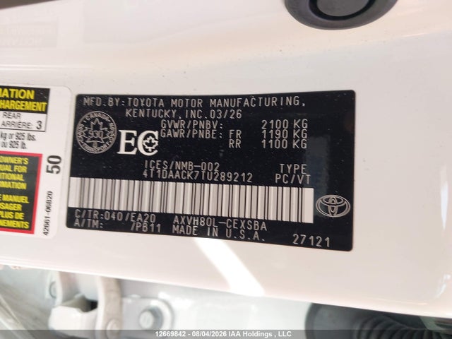 12669842 :رقم المزاد ، 4T1DAACK7TU289212 vin ، 2026 Toyota Camry Xse/night Shade/le/xle/se مزاد بيع