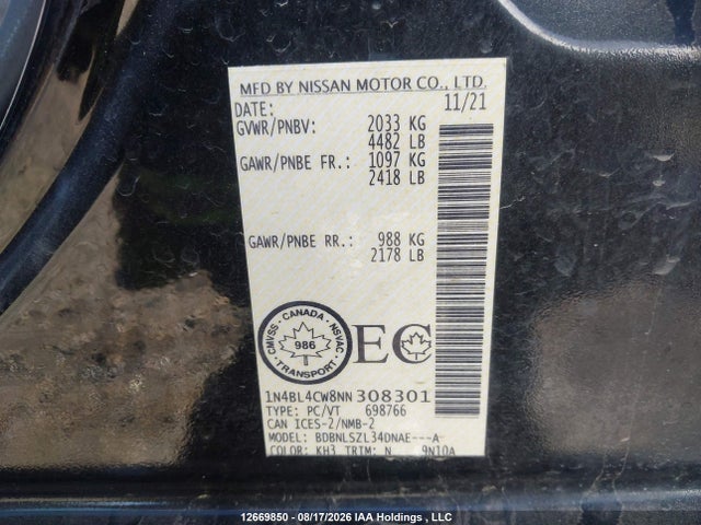 Nissan Altima 2022 1N4BL4CW8NN308301 Image 9