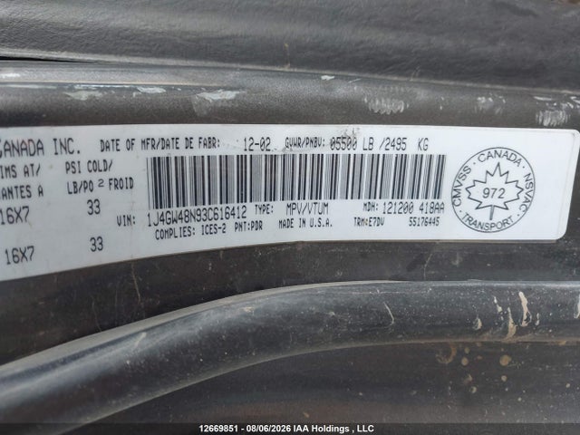 12669851 :رقم المزاد ، 1J4GW48N93C616412 vin ، 2003 Jeep Grand Cherokee Laredo مزاد بيع
