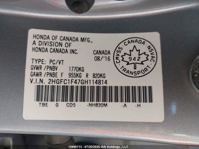 2HGFC1F47GH114814 Honda Civic Ex-t