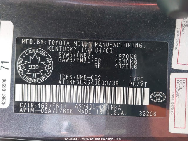 Продаж на аукціоні авто 2010 Toyota Camry Le, vin: 4T1BF3EK6AU003736, номер лоту: 12644684