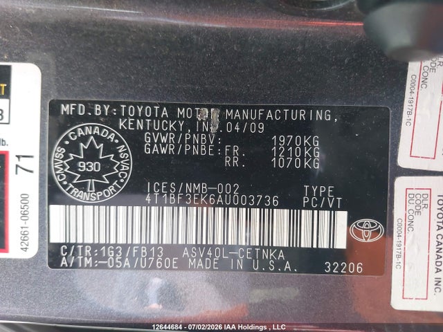 Продаж на аукціоні авто 2010 Toyota Camry Le, vin: 4T1BF3EK6AU003736, номер лоту: 12644684