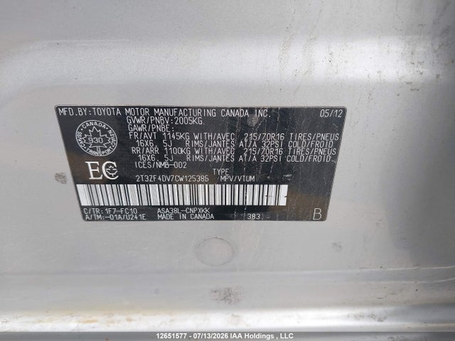 Продаж на аукціоні авто 2012 Toyota Rav4, vin: 2T3ZF4DV7CW125385, номер лоту: 12651577