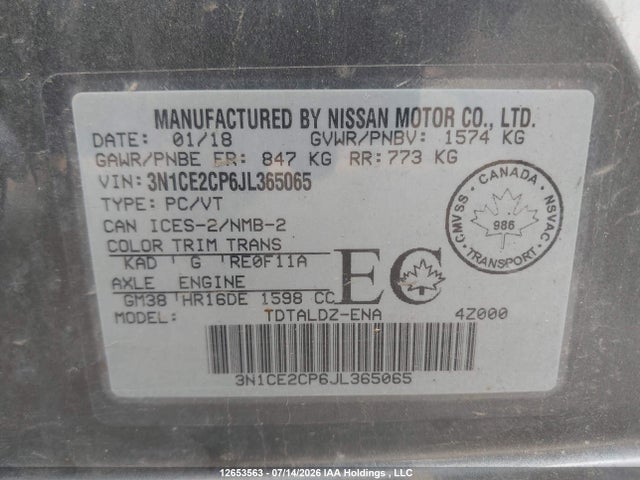 3N1CE2CP6JL365065 Nissan Versa Note 1.6 S/1.6 Sr/1.6 Sv
