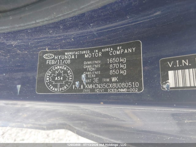 Aukcja sprzedaży 2008 Hyundai Accent Gl/gl Sport/l, vin: KMHCN35CX8U080510, numer aukcji: 12653858