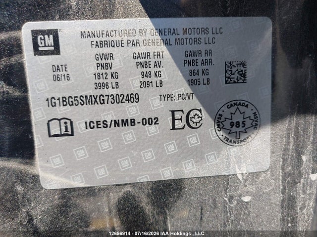 1G1BG5SMXG7302469 Chevrolet Cruze Premier Auto