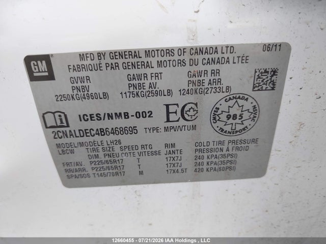 Aukcja sprzedaży 2011 Chevrolet Equinox 1lt, vin: 2CNALDEC4B6468695, numer aukcji: 12660455