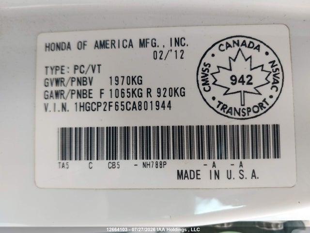 Продаж на аукціоні авто 2012 Honda Accord Se, vin: 1HGCP2F65CA801944, номер лоту: 12664103