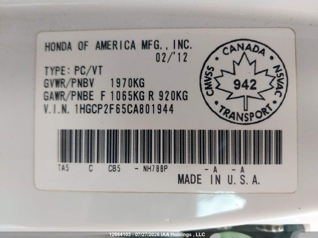 Продаж на аукціоні авто 2012 Honda Accord Se, vin: 1HGCP2F65CA801944, номер лоту: 12664103