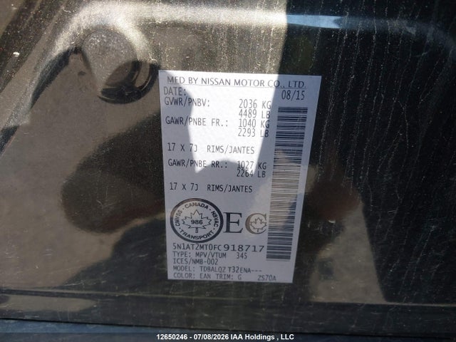 Nissan ROGUE S/SV 2015 5N1AT2MT0FC918717 Image 9