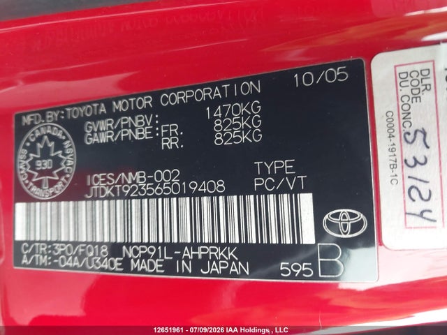 12651961 :رقم المزاد ، JTDKT923565019408 vin ، 2006 Toyota Yaris Le/rs مزاد بيع