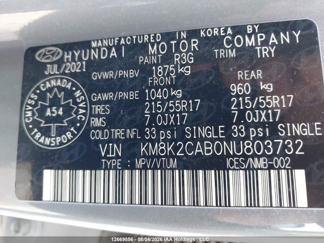 12669856 :رقم المزاد ، KM8K2CAB0NU803732 vin ، 2022 Hyundai Kona Preferred Awd Special Edition مزاد بيع
