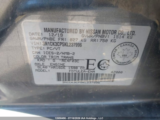 3N1CK3CP5KL237996 Nissan Micra S/sr/sv
