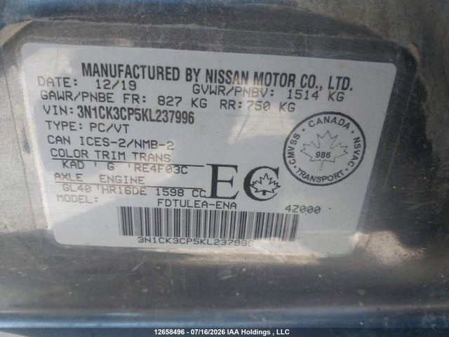 3N1CK3CP5KL237996 Nissan Micra S/sr/sv