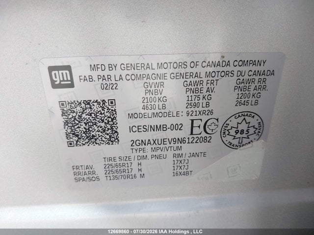 Продаж на аукціоні авто 2022 Chevrolet Equinox Lt, vin: 2GNAXUEV9N6122082, номер лоту: 12669860