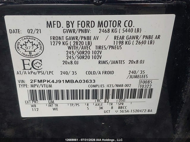 12669861 :رقم المزاد ، 2FMPK4J91MBA03633 vin ، 2021 Ford Edge St Line مزاد بيع