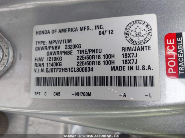 Продаж на аукціоні авто 2012 Honda Crosstour Ex-l, vin: 5J6TF2H51CL800634, номер лоту: 12664607