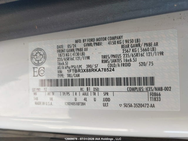 Продаж на аукціоні авто 2024 Ford Transit T-250, vin: 1FTBR3X88RKA78524, номер лоту: 12669878