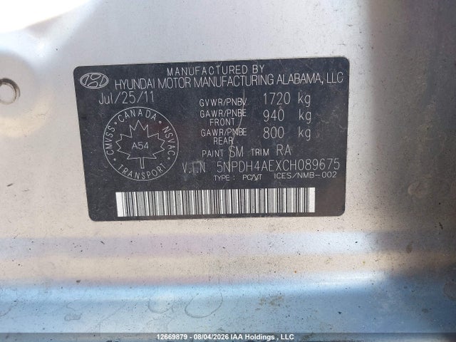 12669879 :رقم المزاد ، 5NPDH4AEXCH089675 vin ، 2012 Hyundai Elantra Gls/limited مزاد بيع