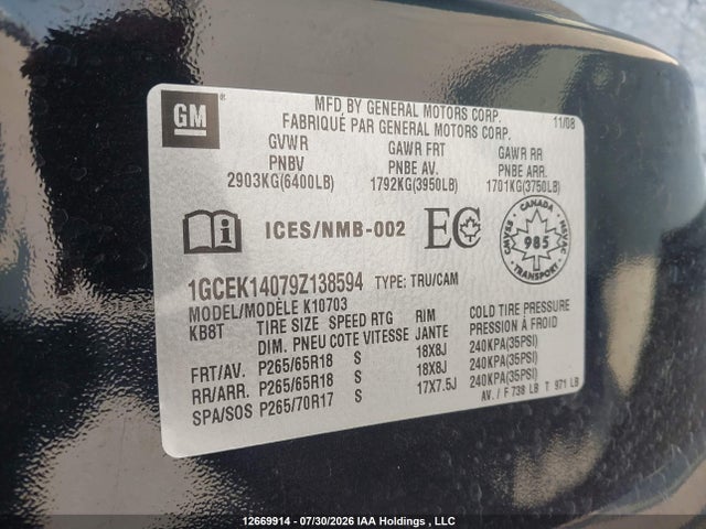 2009 Chevrolet Silverado K1500 მანქანა იყიდება აუქციონზე, vin: 1GCEK14079Z138594, აუქციონის ნომერი: 12669914