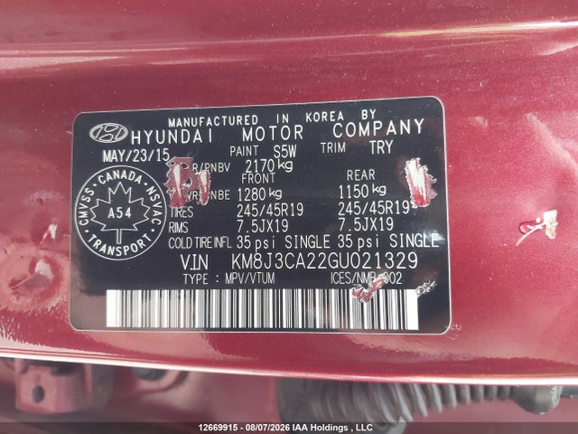Продаж на аукціоні авто 2016 Hyundai Tucson Premium 1.6, vin: KM8J3CA22GU021329, номер лоту: 12669915