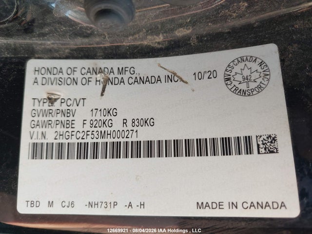 2021 Honda Civic Lx მანქანა იყიდება აუქციონზე, vin: 2HGFC2F53MH000271, აუქციონის ნომერი: 12669921
