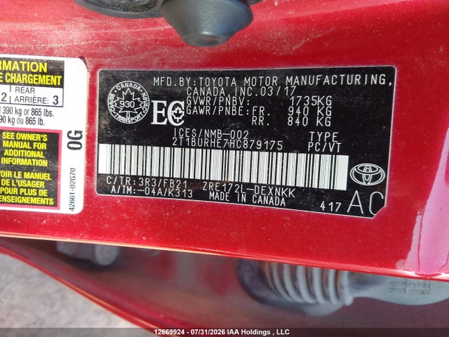 Toyota COROLLA LE 2017 2T1BURHE7HC879175 Image 9