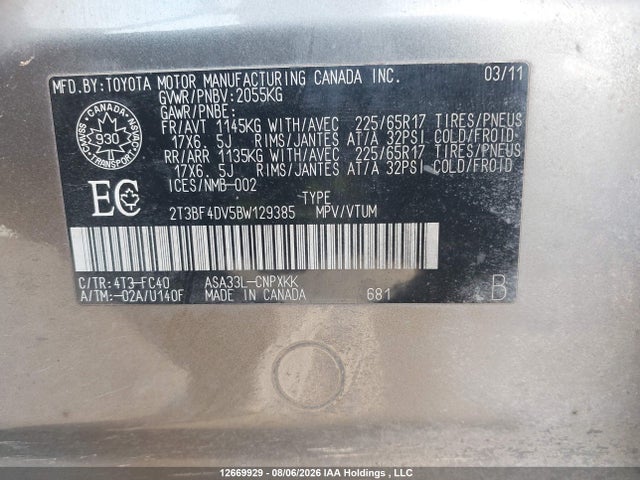 12669929 :رقم المزاد ، 2T3BF4DV5BW129385 vin ، 2011 Toyota Rav4 مزاد بيع