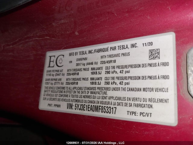 Auction sale of the 2021 Tesla Model 3 Standard Range/standard Range Plus, vin: 5YJ3E1EA0MF853317, lot number: 12669931