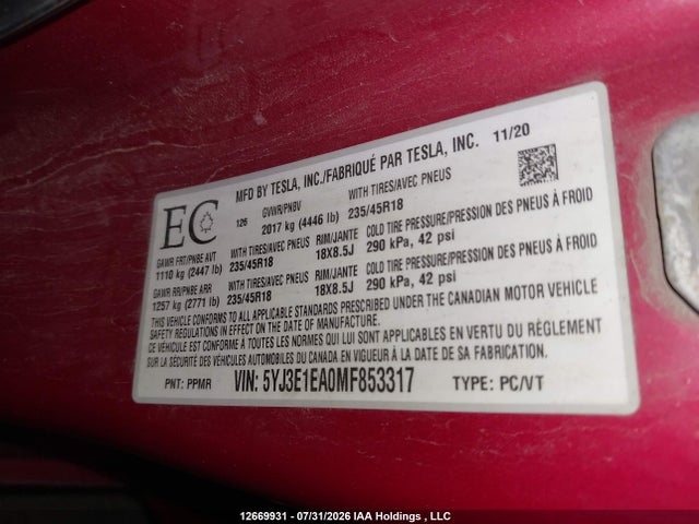 Auction sale of the 2021 Tesla Model 3 Standard Range/standard Range Plus, vin: 5YJ3E1EA0MF853317, lot number: 12669931