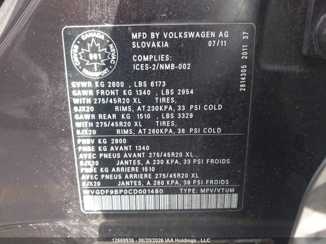 2012 Volkswagen Touareg V6 მანქანა იყიდება აუქციონზე, vin: WVGDF9BP0CD001480, აუქციონის ნომერი: 12669936