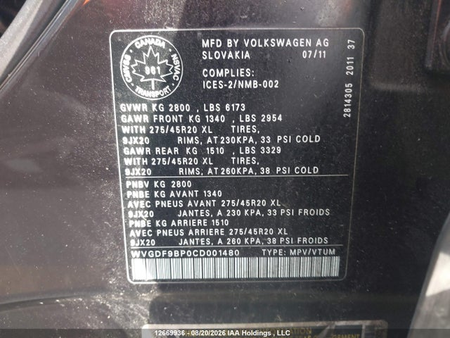 2012 Volkswagen Touareg V6 მანქანა იყიდება აუქციონზე, vin: WVGDF9BP0CD001480, აუქციონის ნომერი: 12669936