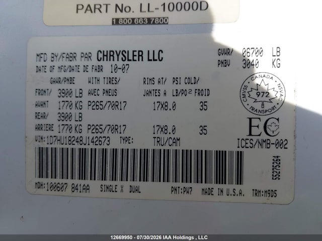 2008 Dodge Ram 1500 Slt მანქანა იყიდება აუქციონზე, vin: 1D7HU18248J142673, აუქციონის ნომერი: 12669950