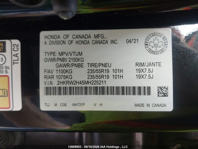 Aukcja sprzedaży 2021 Honda Cr-v, vin: 2HKRW2H45MH225211, numer aukcji: 12669953