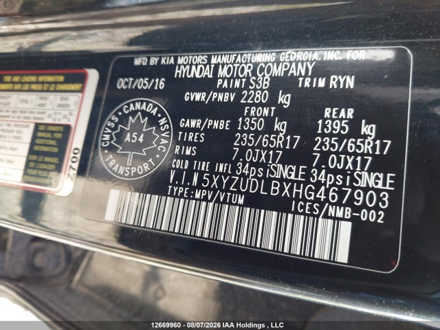 5XYZUDLBXHG467903 Hyundai SANTA FE SPORT