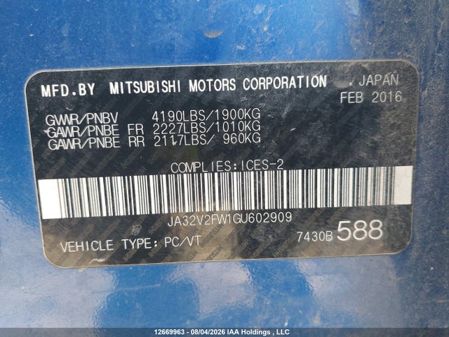 JA32V2FW1GU602909 Mitsubishi Lancer
