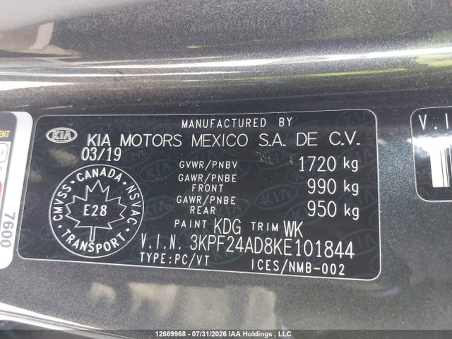 12669968 :رقم المزاد ، 3KPF24AD8KE101844 vin ، 2019 Kia Forte Lx مزاد بيع