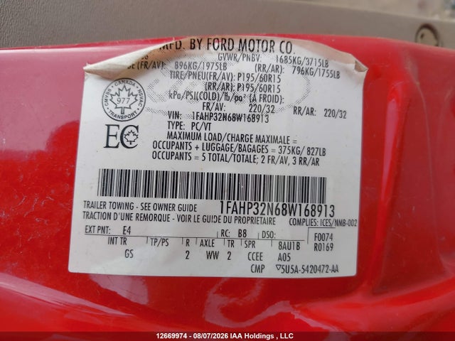 12669974 :رقم المزاد ، 1FAHP32N68W168913 vin ، 2008 Ford Focus مزاد بيع