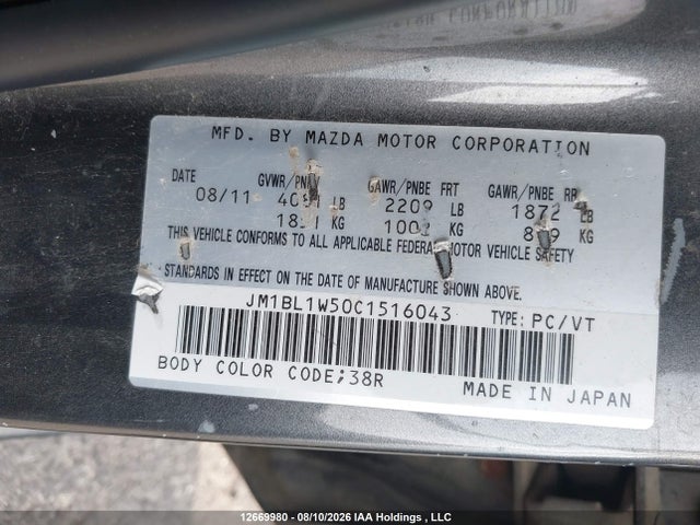 Aukcja sprzedaży 2012 Mazda 3 S, vin: JM1BL1W50C1516043, numer aukcji: 12669980