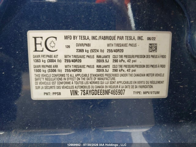 Tesla Model Y 2022 7SAYGDEE8NF465907 Image 21