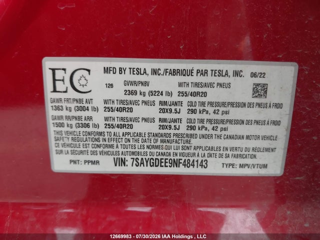 Aukcja sprzedaży 2022 Tesla Model Y, vin: 7SAYGDEE9NF484143, numer aukcji: 12669983