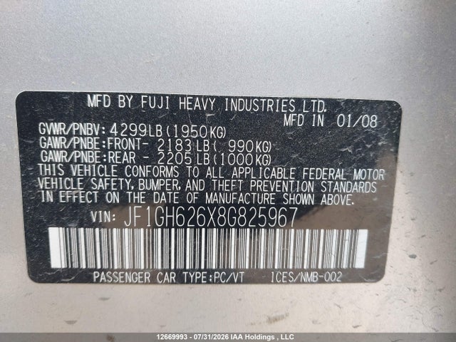 Продаж на аукціоні авто 2008 Subaru Impreza 2.5i, vin: JF1GH626X8G825967, номер лоту: 12669993