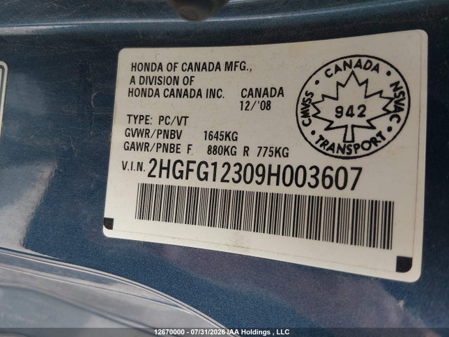 2009 Honda Civic Dx-g მანქანა იყიდება აუქციონზე, vin: 2HGFG12309H003607, აუქციონის ნომერი: 12670000