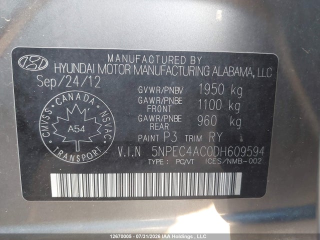 Продаж на аукціоні авто 2013 Hyundai Sonata Se/limited, vin: 5NPEC4AC0DH609594, номер лоту: 12670005