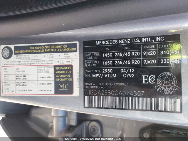 2012 Mercedes-benz Ml 350 Bluetec 4matic მანქანა იყიდება აუქციონზე, vin: 4JGDA2EB0CA074307, აუქციონის ნომერი: 12670008
